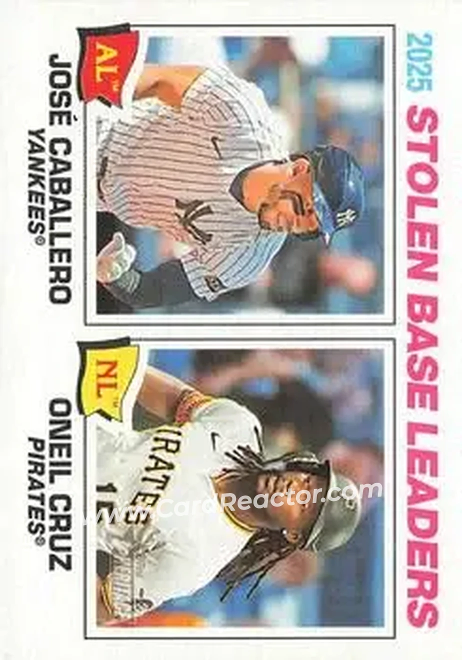 2026 Topps Heritage #4 - 2025 Stolen Base Leaders (Jose Caballero - Oneil Cruz) LL - New York Yankees - Pittsburgh Pirates - Front 2026 Topps Heritage #4 - 2025 Stolen Base Leaders (Jose Caballero - Oneil Cruz) LL - New York Yankees - Pittsburgh Pirates - Front