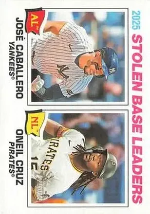 2026 Topps Heritage #4 - 2025 Stolen Base Leaders (Jose Caballero - Oneil Cruz) LL - New York Yankees - Pittsburgh Pirates