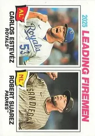 2026 Topps Heritage #8 - 2025 Leading Firemen (Carlos Estevez - Robert Suarez) LL - Kansas City Royals - San Diego Padres