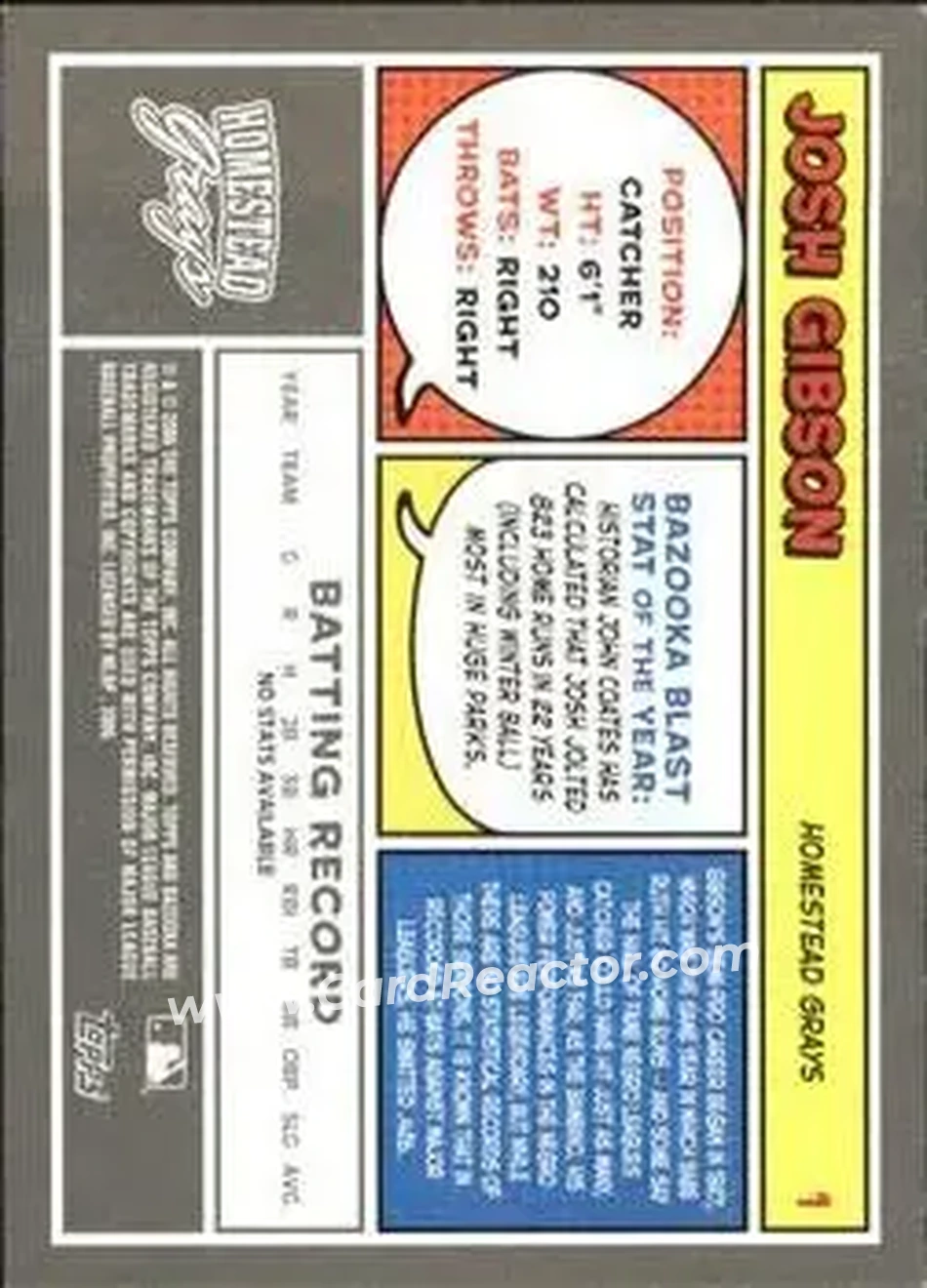 2006 Bazooka #1 - Josh Gibson - Homestead Grays - Back