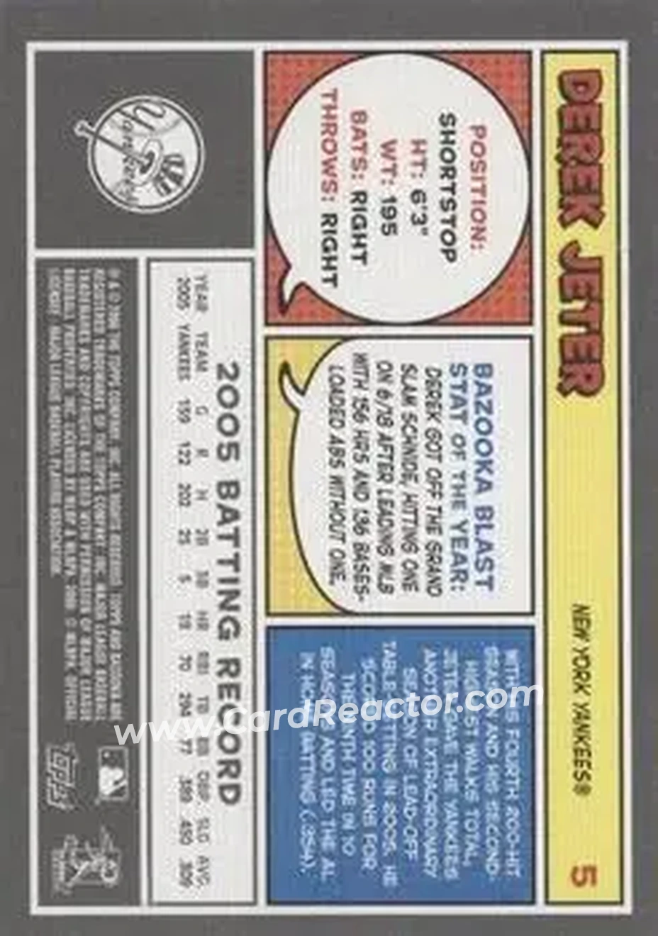 2006 Bazooka #5 - Derek Jeter - New York Yankees - Back