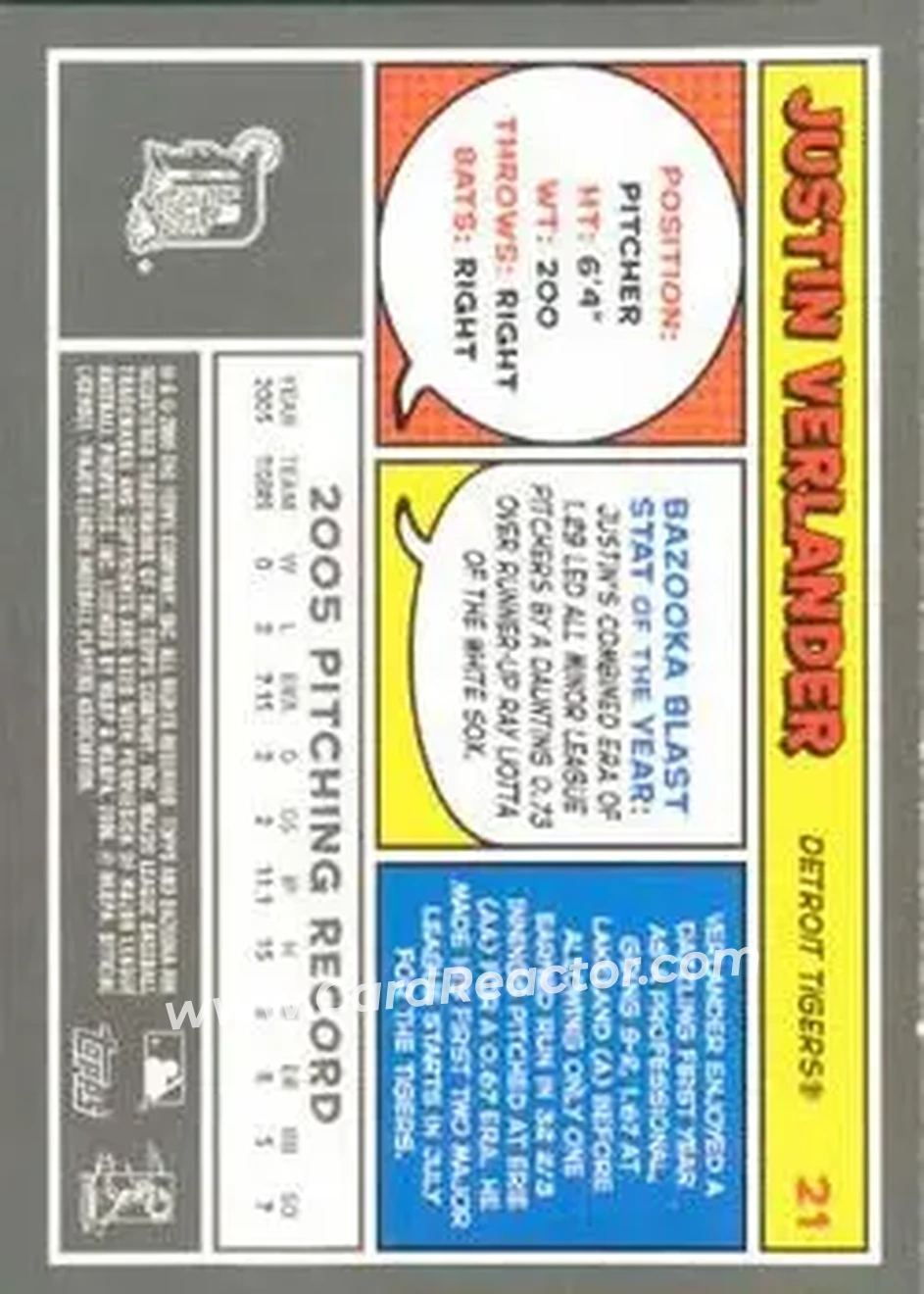2006 Bazooka #21 - Justin Verlander - Detroit Tigers - Back