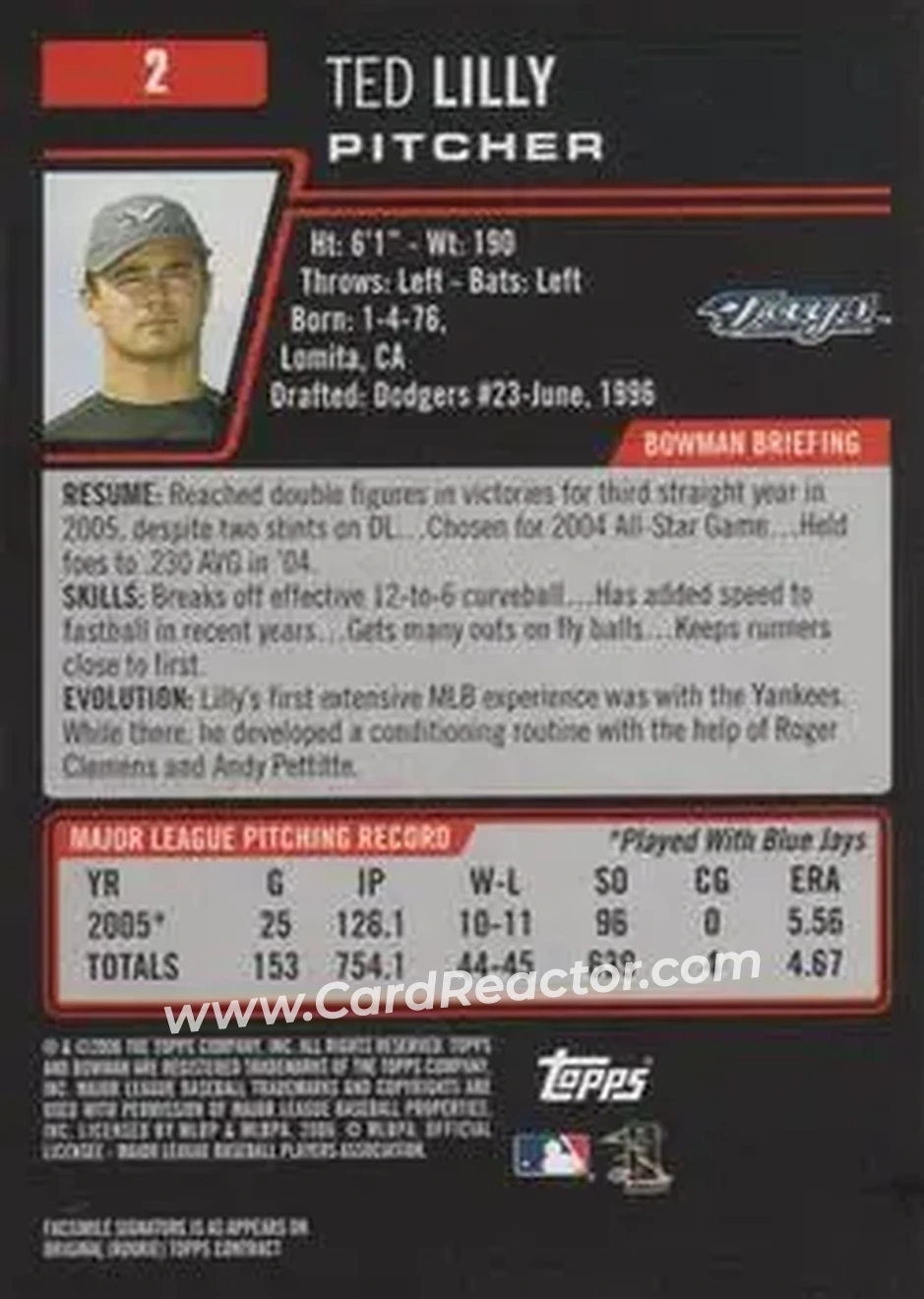 2006 Bowman #2 - Ted Lilly - Toronto Blue Jays - Back