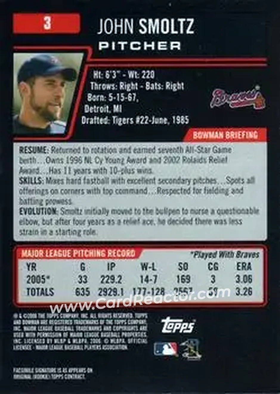 2006 Bowman #3 - John Smoltz - Atlanta Braves - Back