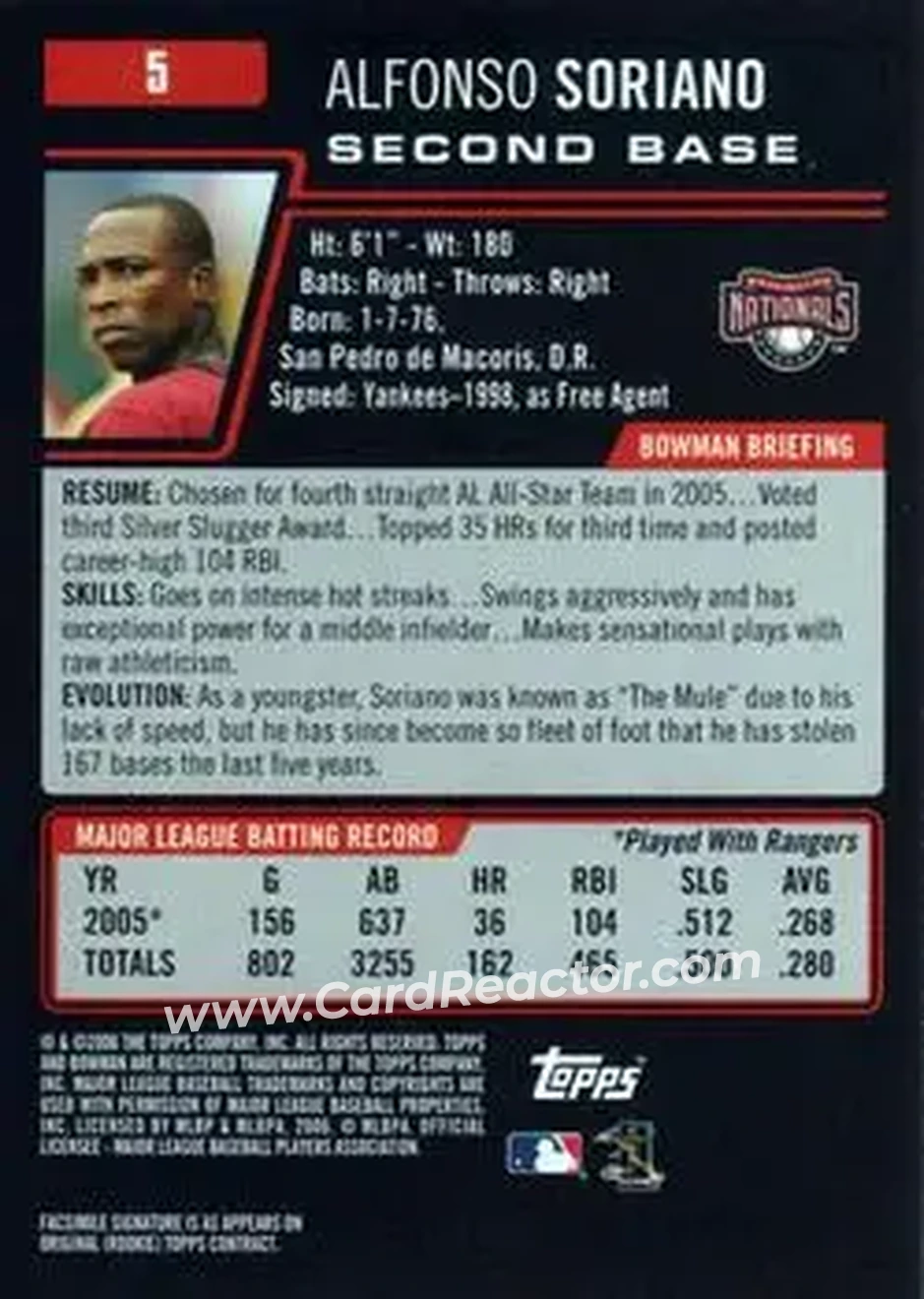 2006 Bowman #5 - Alfonso Soriano - Washington Nationals - Back