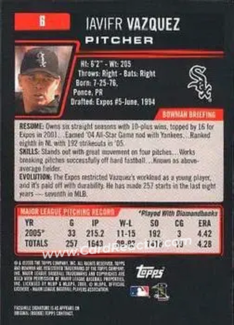 2006 Bowman #6 - Javier Vazquez - Chicago White Sox - Back