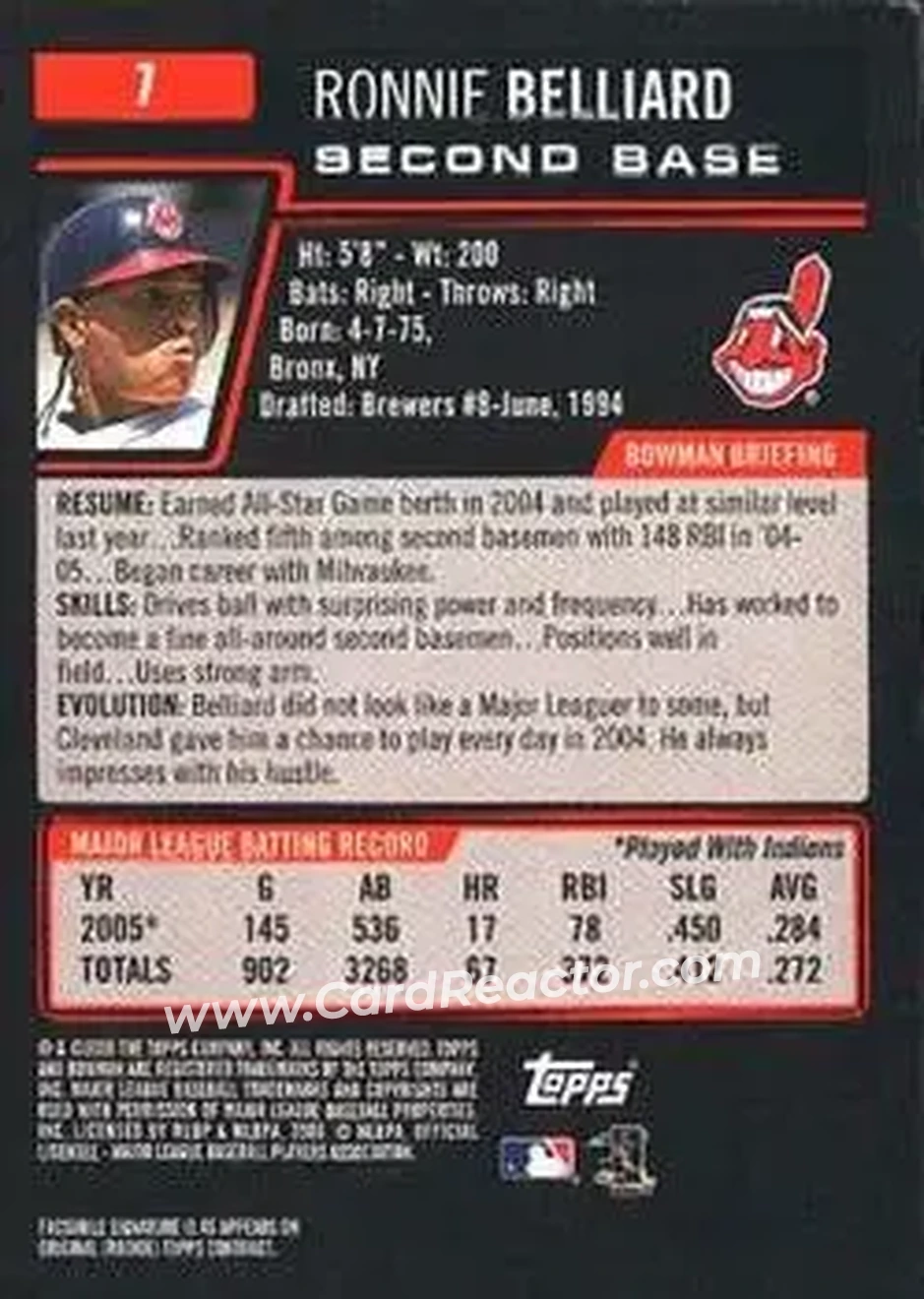 2006 Bowman #7 - Ronnie Belliard - Cleveland Indians - Back
