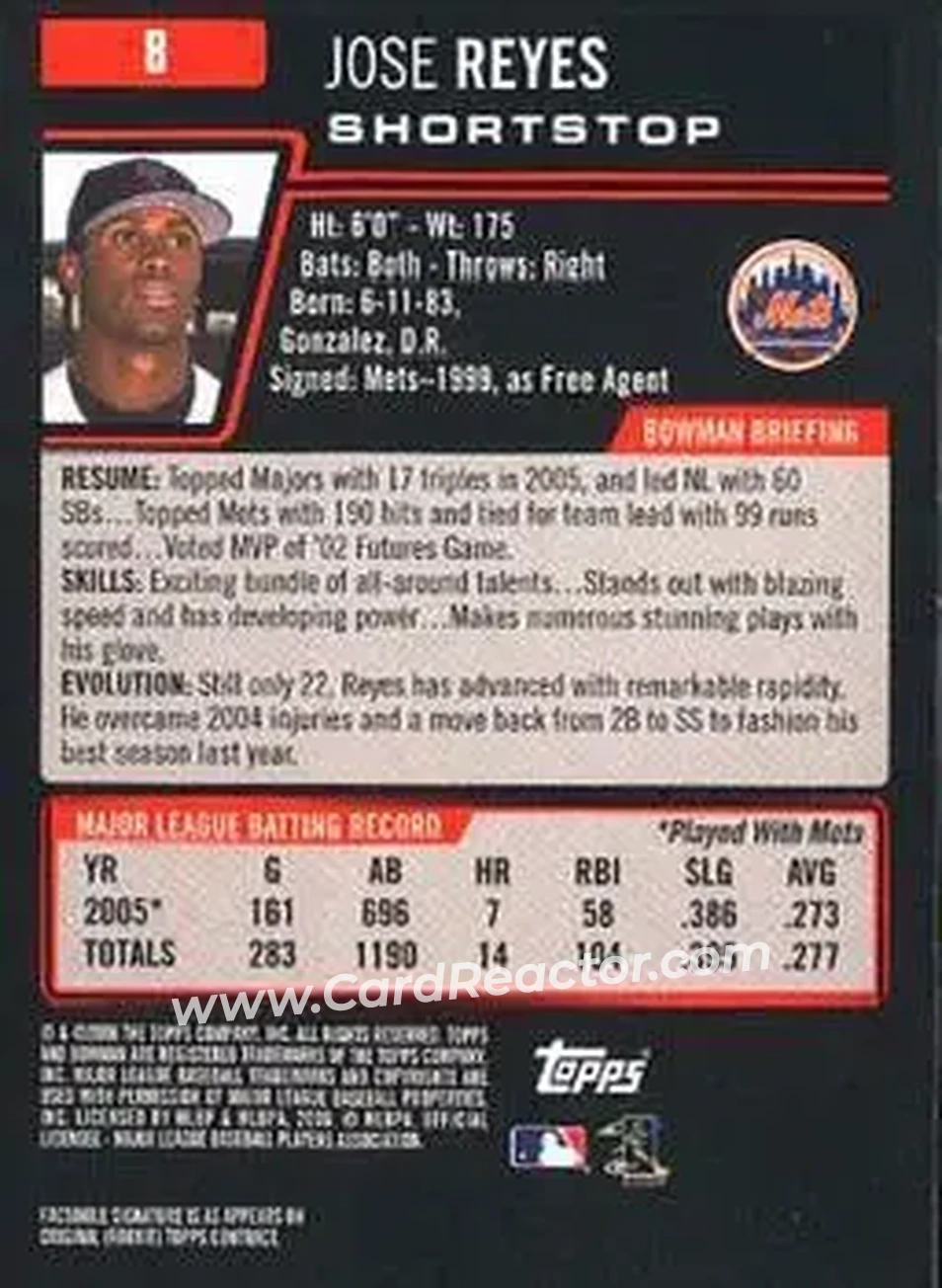 2006 Bowman #8 - Jose Reyes - New York Mets - Back