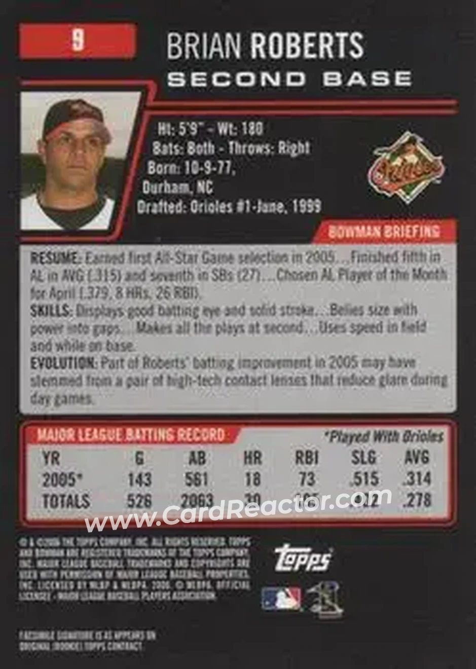 2006 Bowman #9 - Brian Roberts - Baltimore Orioles - Back