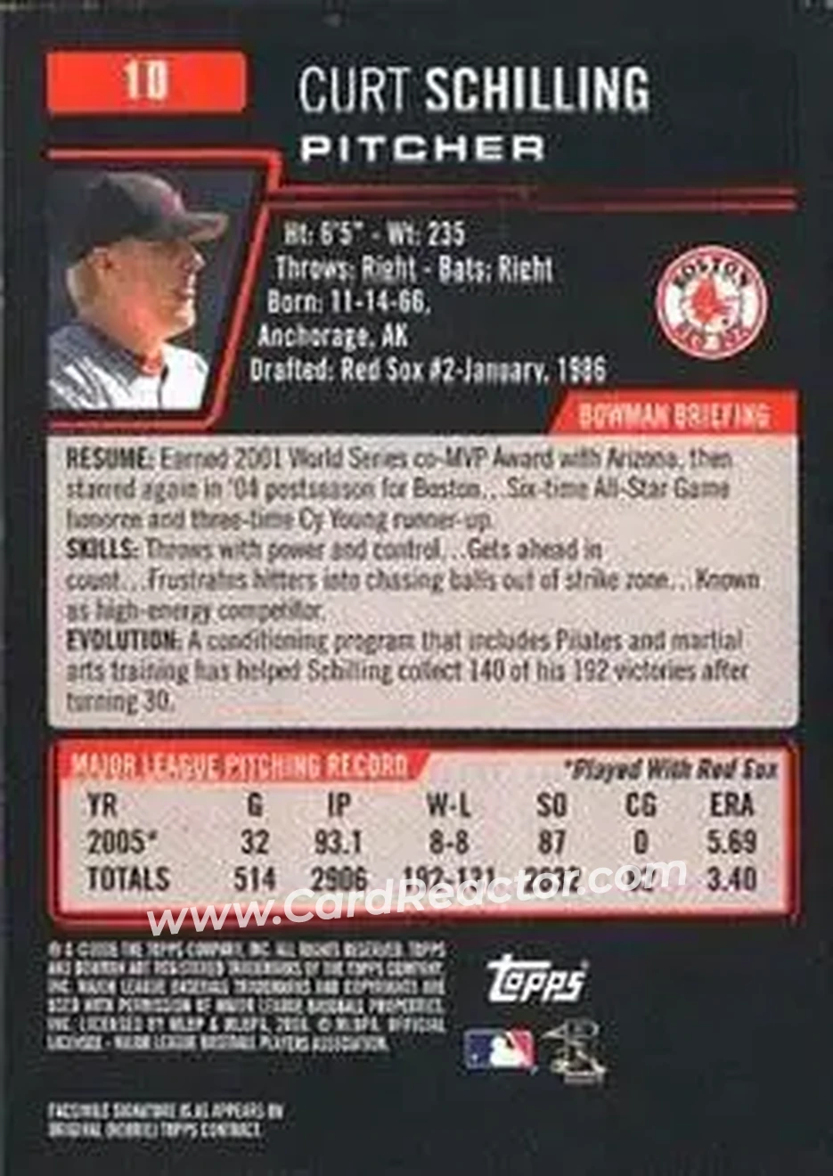 2006 Bowman #10 - Curt Schilling - Boston Red Sox - Back