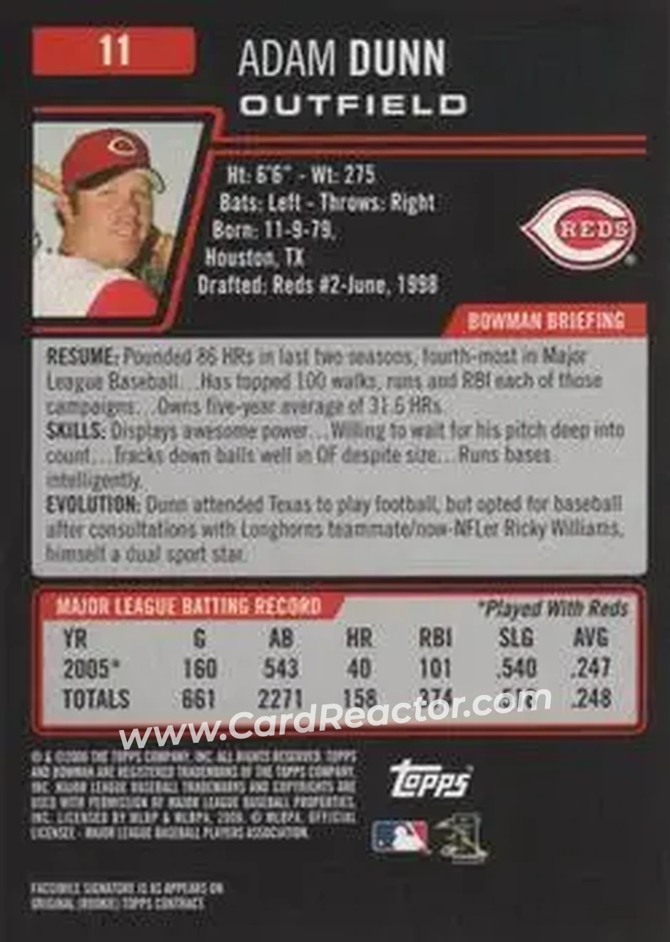 2006 Bowman #11 - Adam Dunn - Cincinnati Reds - Back