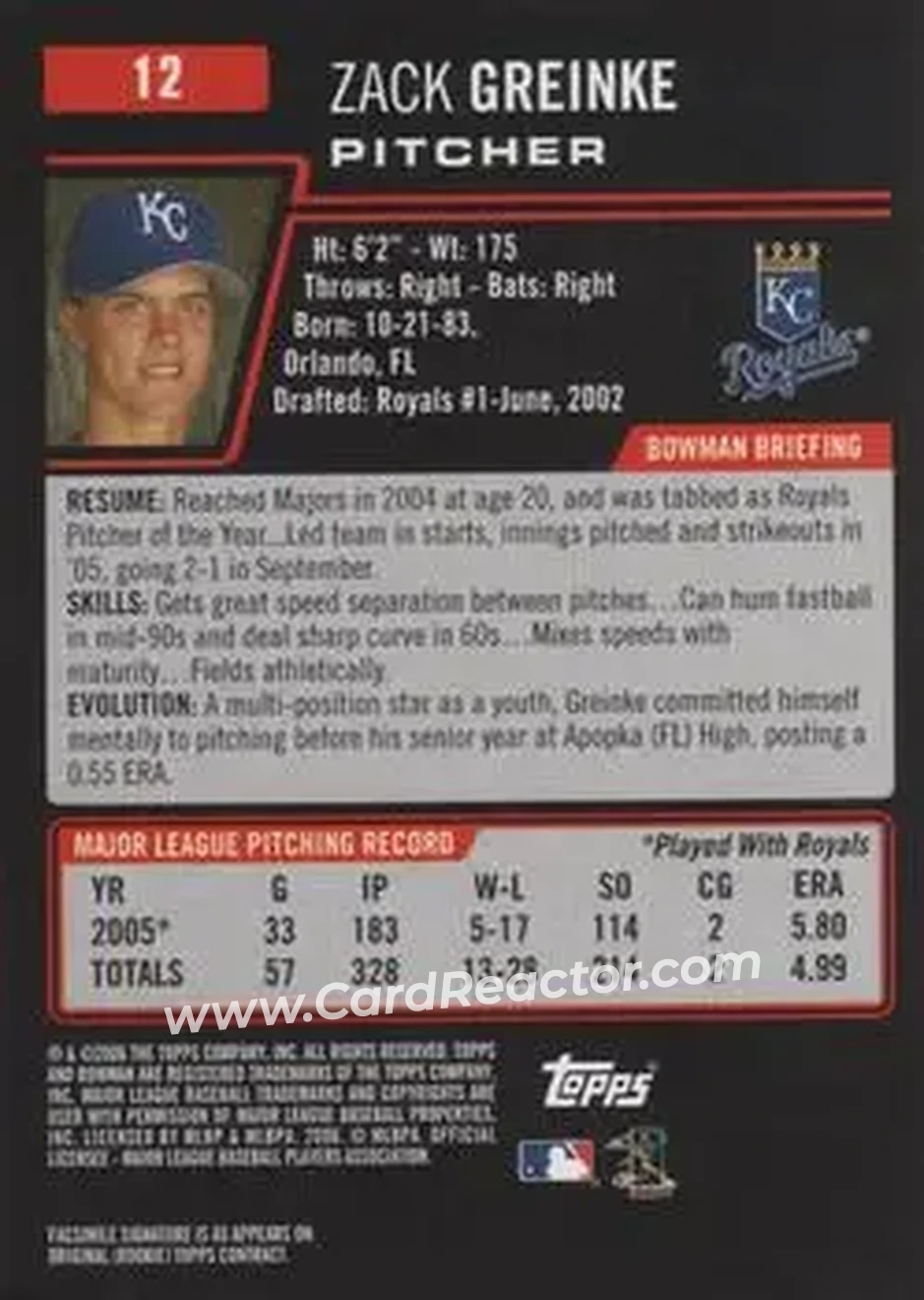 2006 Bowman #12 - Zack Greinke - Kansas City Royals - Back