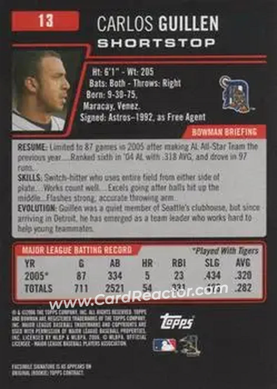 2006 Bowman #13 - Carlos Guillen - Detroit Tigers - Back