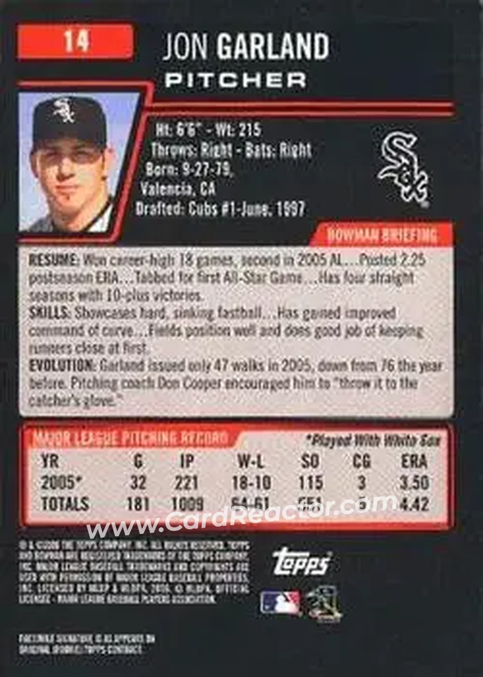 2006 Bowman #14 - Jon Garland - Chicago White Sox - Back