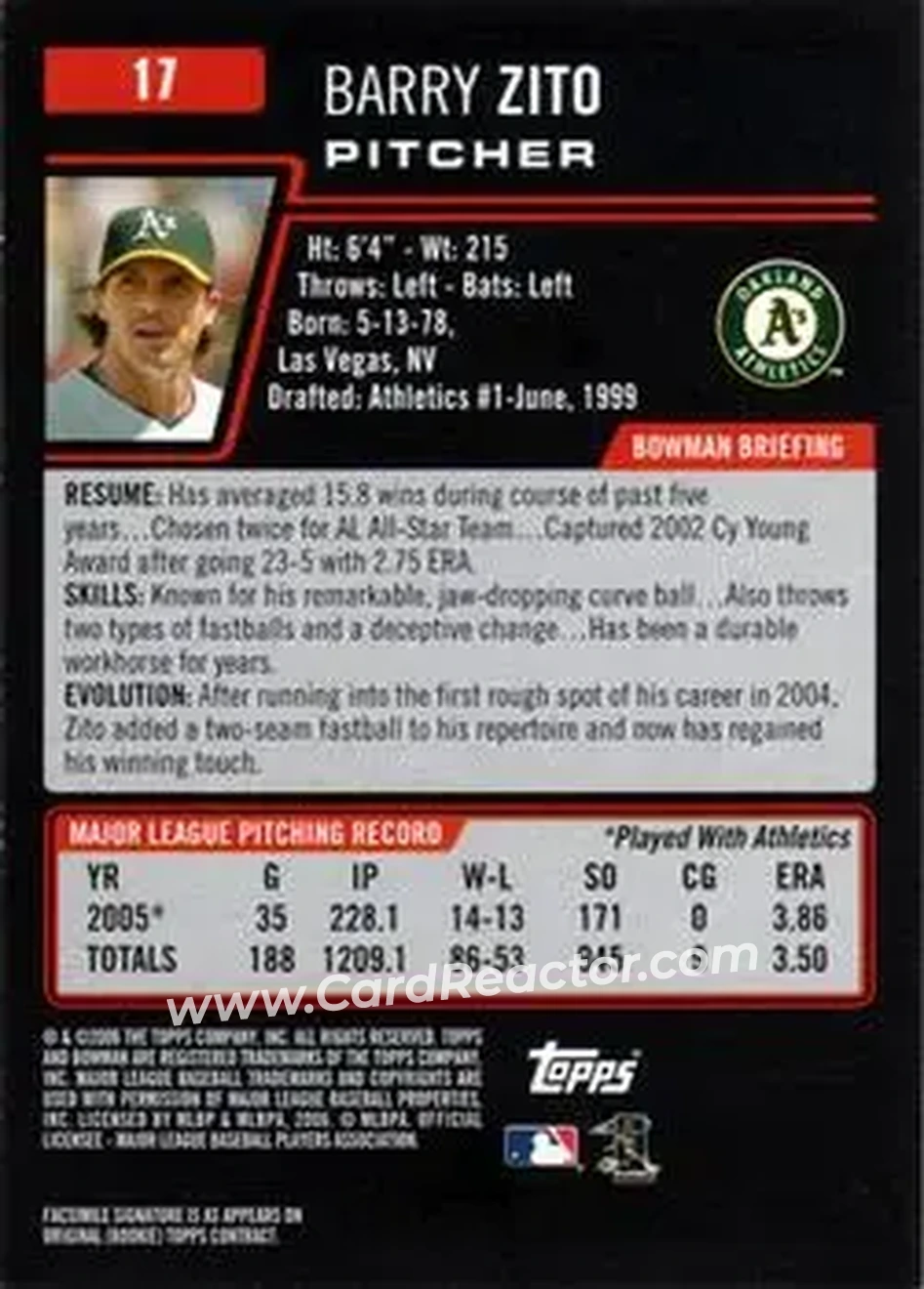 2006 Bowman #17 - Barry Zito - Oakland Athletics - Back