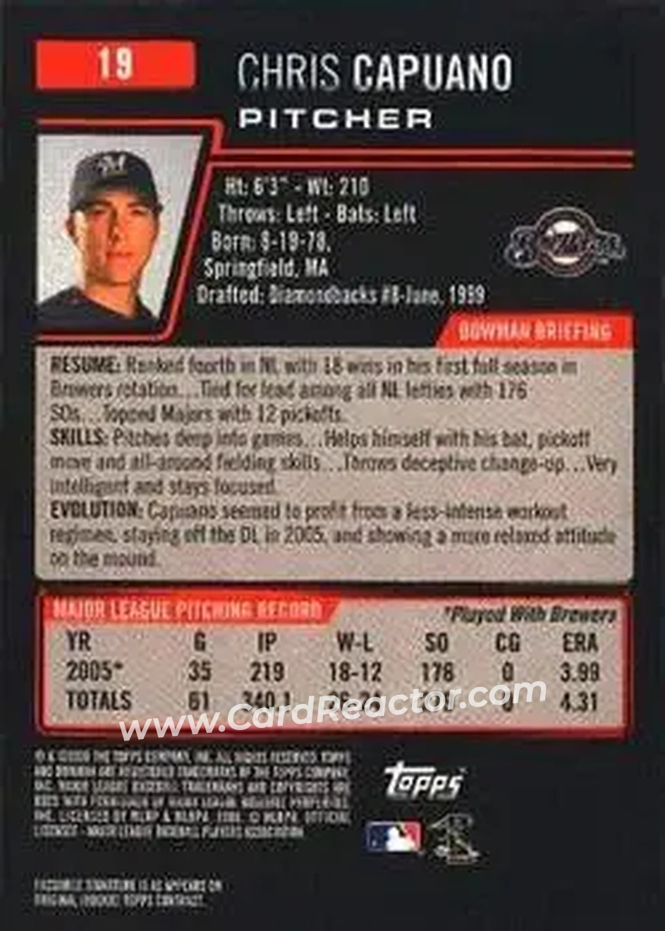 2006 Bowman #19 - Chris Capuano - Milwaukee Brewers - Back