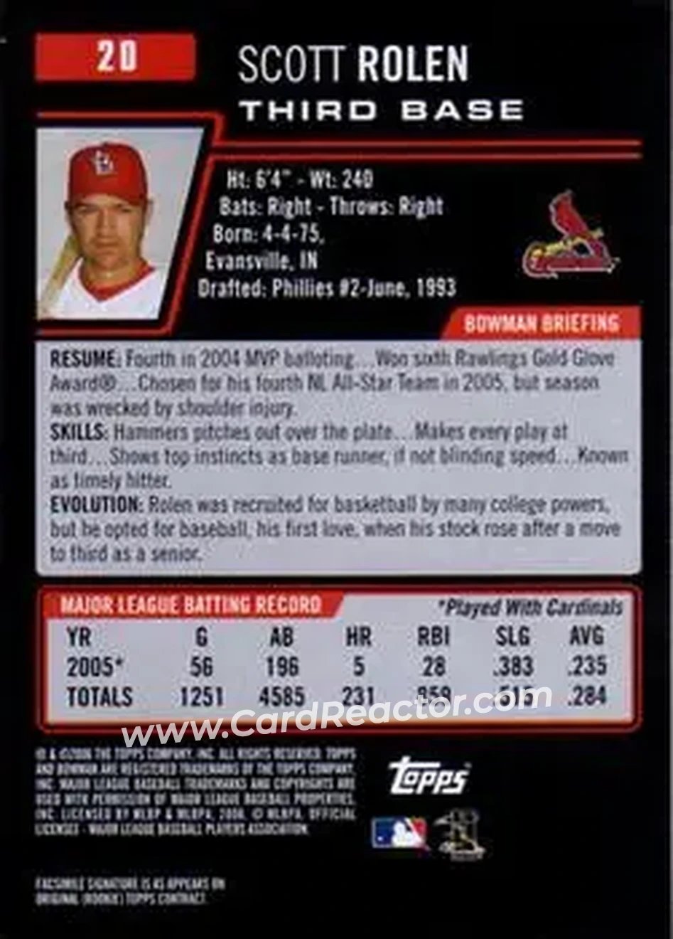 2006 Bowman #20 - Scott Rolen - St. Louis Cardinals - Back