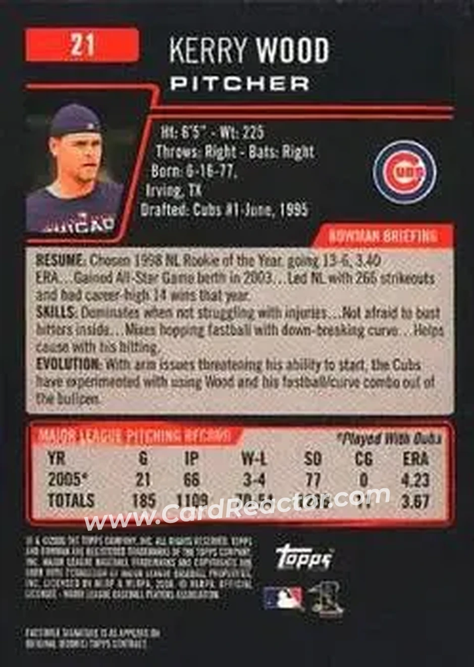 2006 Bowman #21 - Kerry Wood - Chicago Cubs - Back