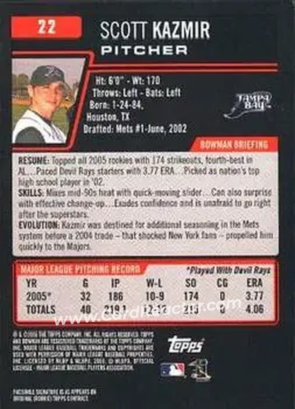 2006 Bowman #22 - Scott Kazmir - Tampa Bay Devil Rays - Back