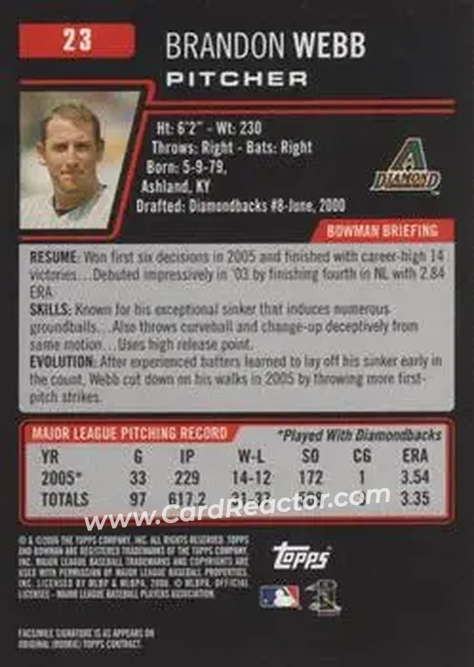2006 Bowman #23 - Brandon Webb - Arizona Diamondbacks - Back