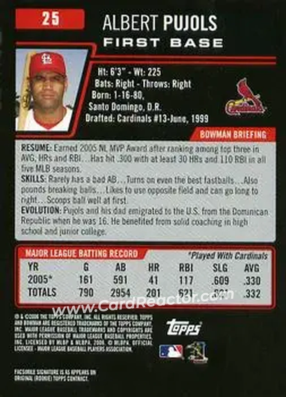 2006 Bowman #25 - Albert Pujols - St. Louis Cardinals - Back