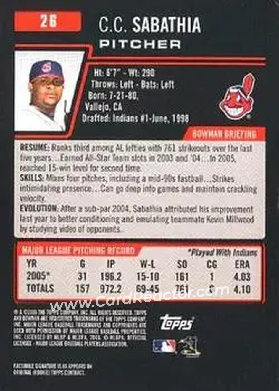 2006 Bowman #26 - CC Sabathia - Cleveland Indians - Back