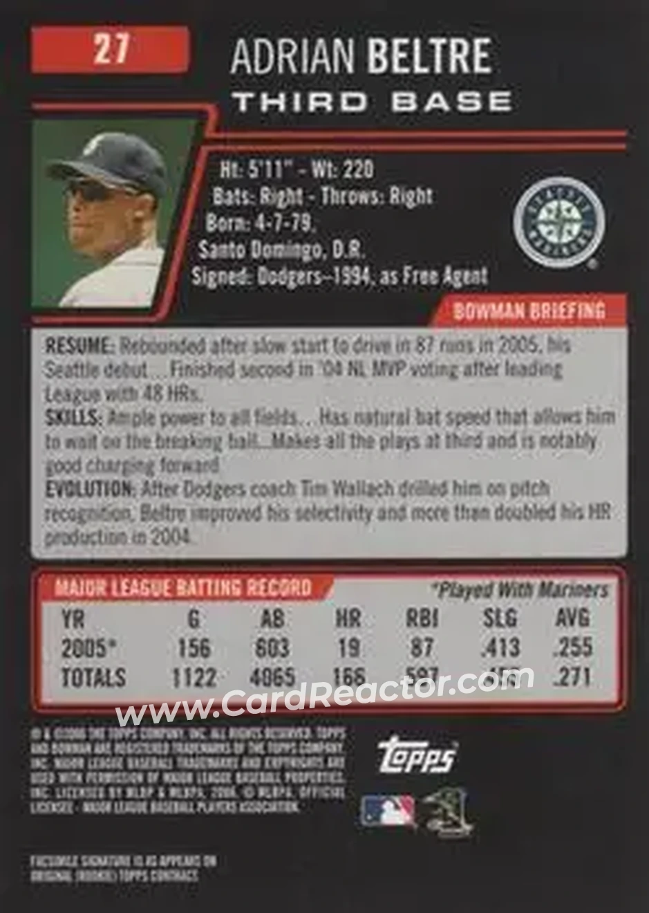 2006 Bowman #27 - Adrian Beltré - Seattle Mariners - Back
