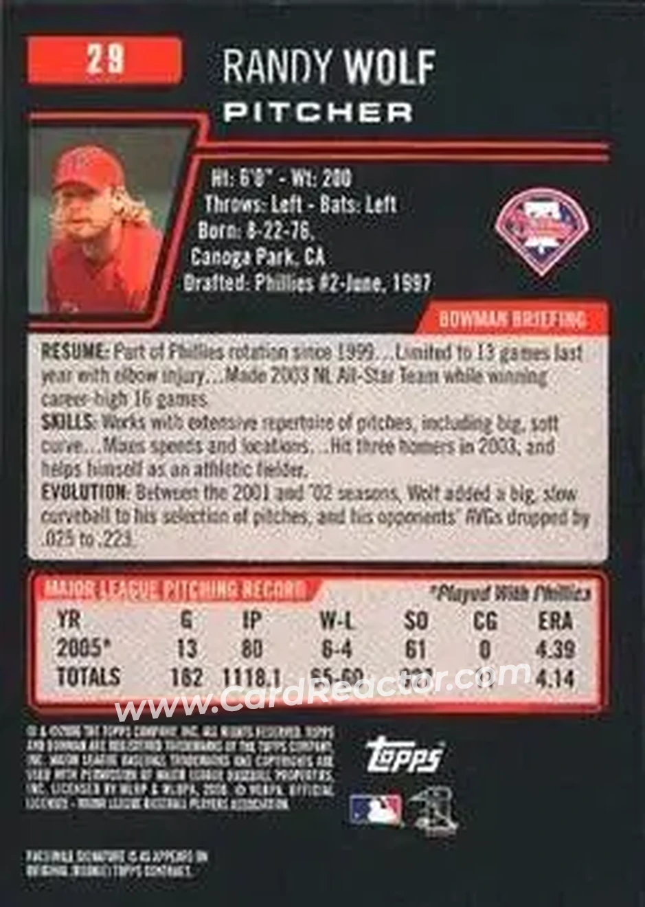 2006 Bowman #29 - Randy Wolf - Philadelphia Phillies - Back