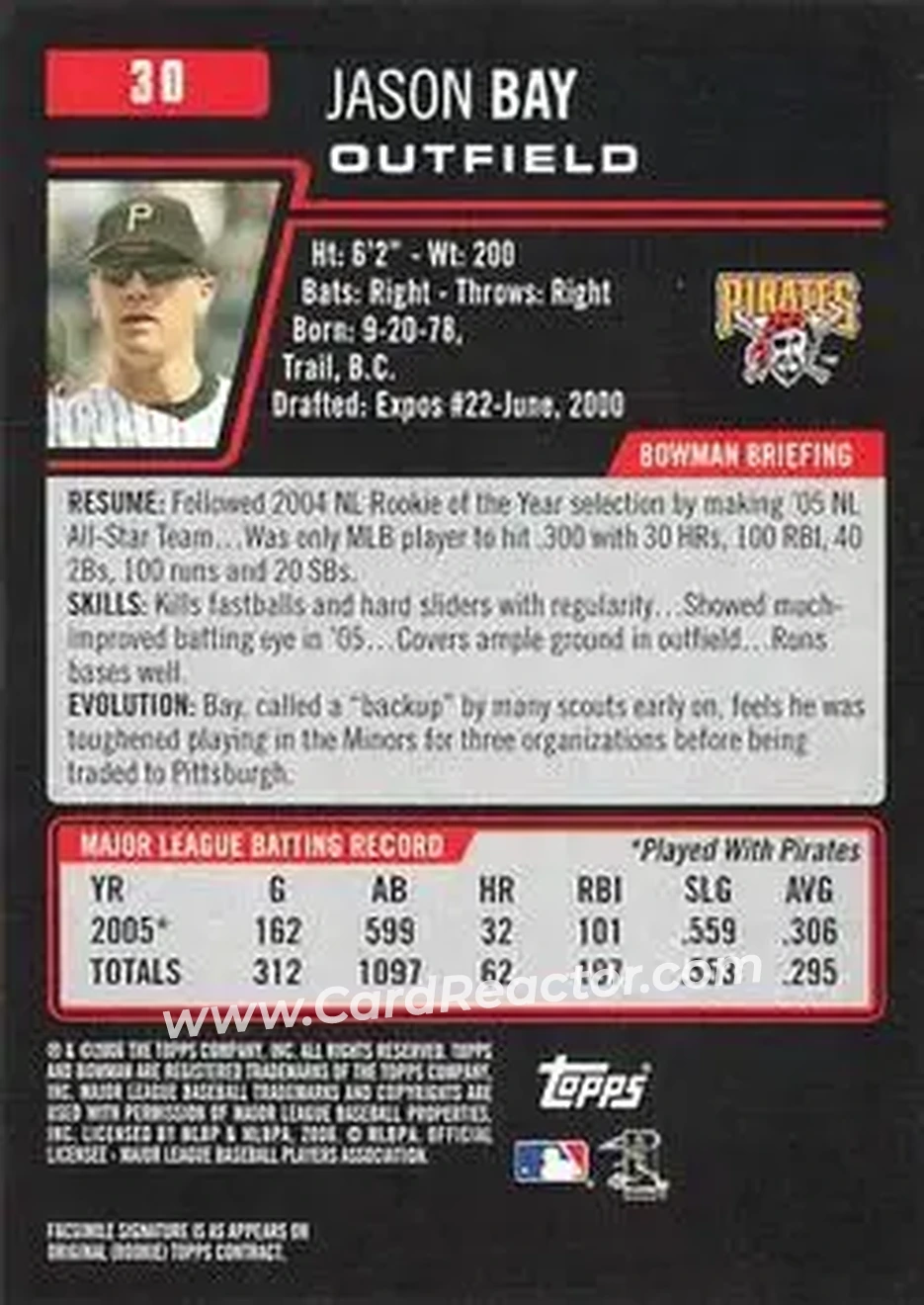 2006 Bowman #30 - Jason Bay - Pittsburgh Pirates - Back