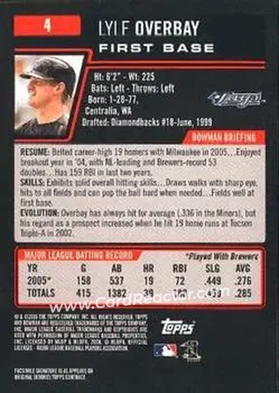 2006 Bowman #4 - Lyle Overbay - Toronto Blue Jays - Back