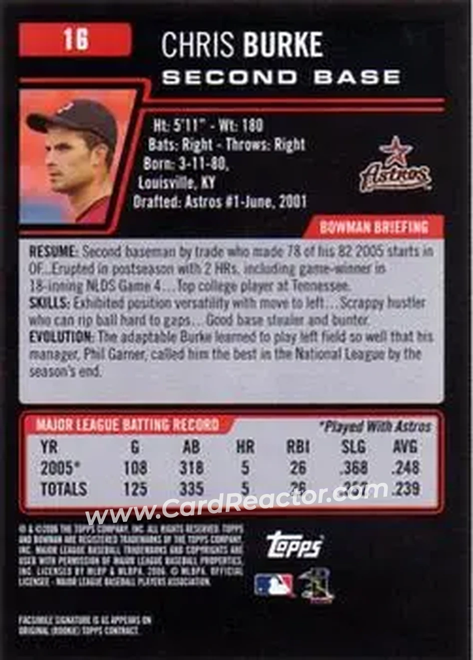 2006 Bowman #16 - Chris Burke - Houston Astros - Back