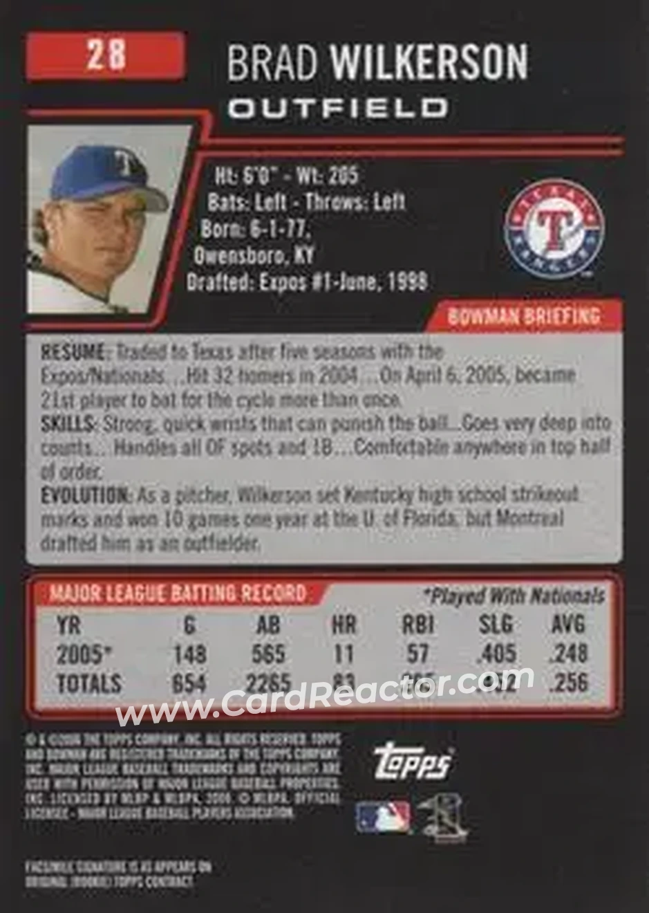 2006 Bowman #28 - Brad Wilkerson - Texas Rangers - Back