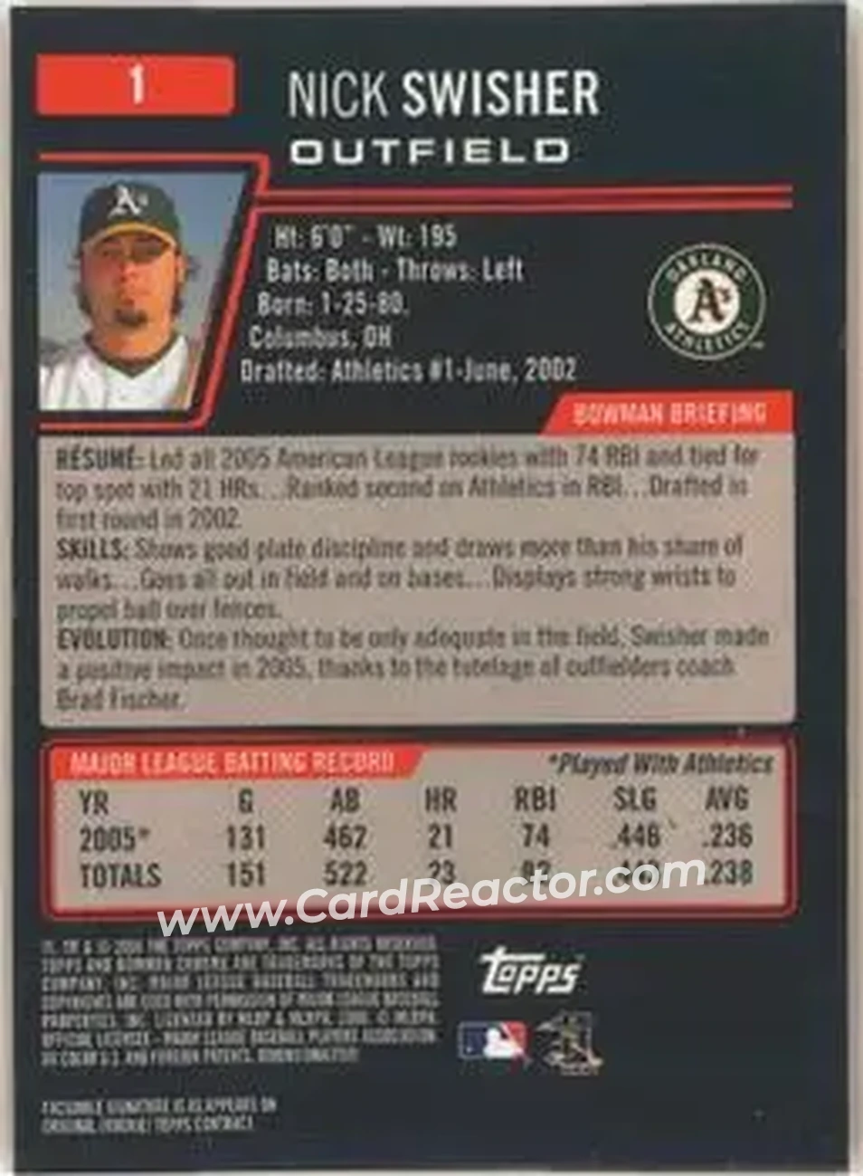 2006 Bowman Chrome #1 - Nick Swisher - Oakland Athletics - Back