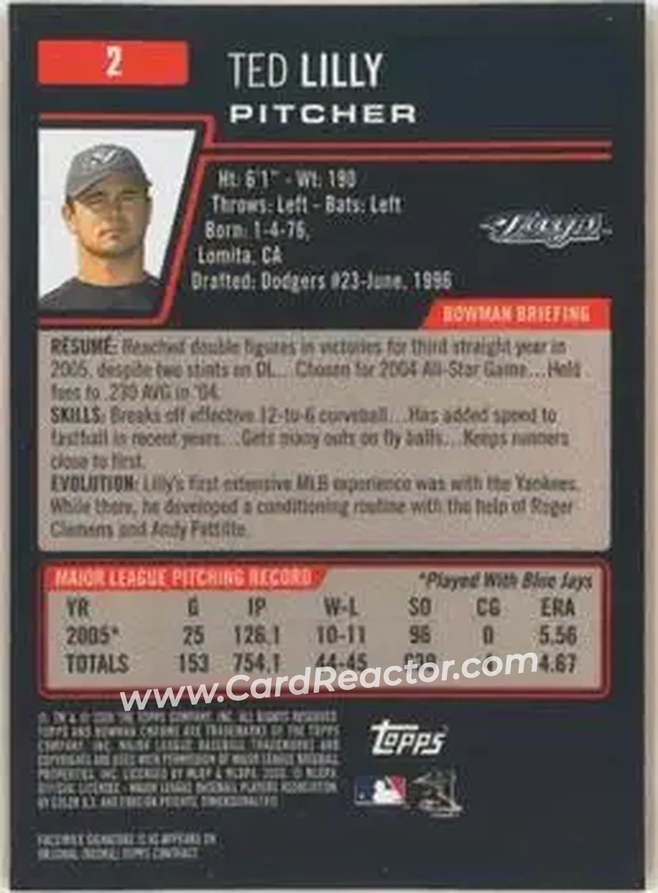 2006 Bowman Chrome #2 - Ted Lilly - Toronto Blue Jays - Back