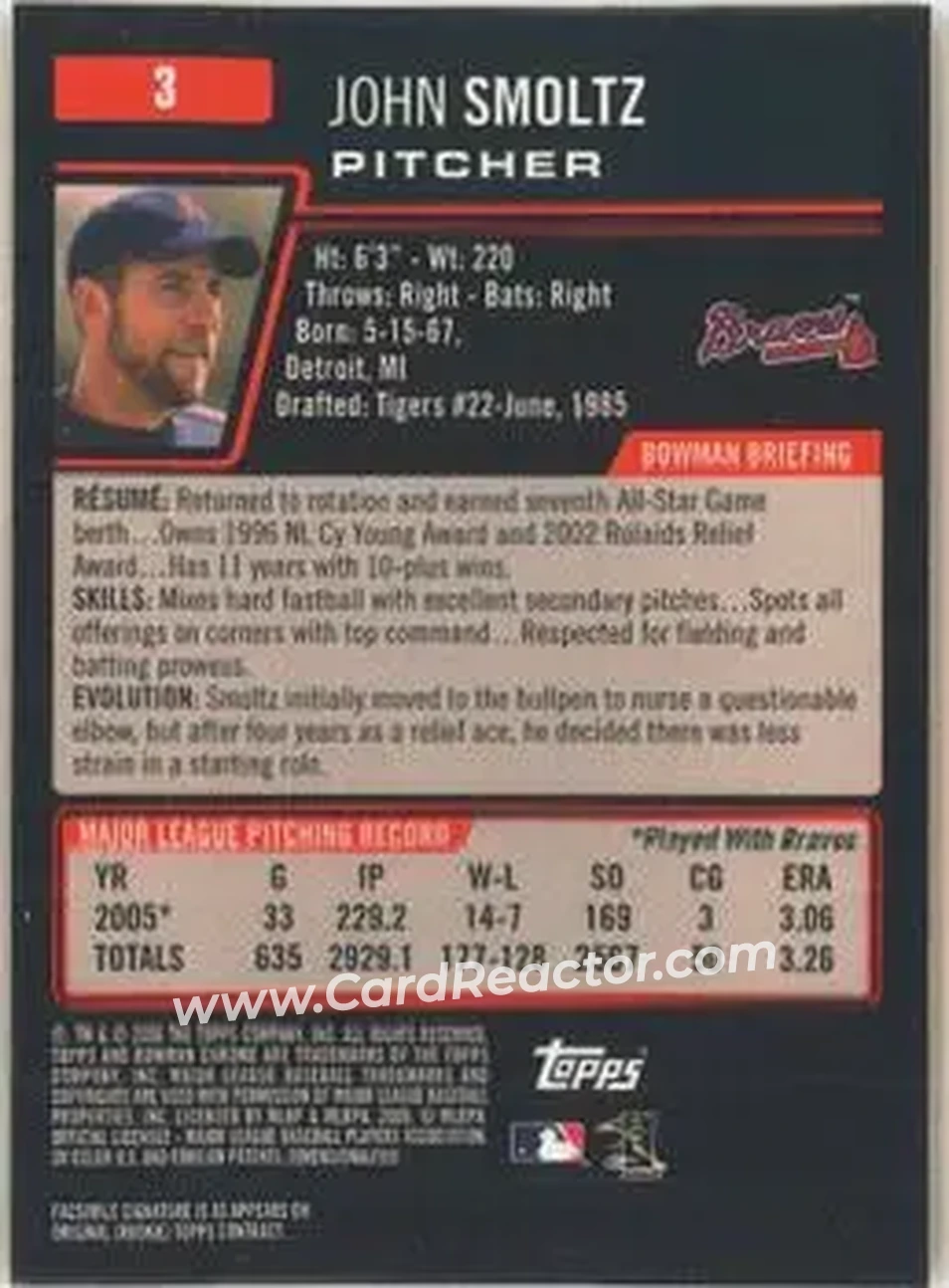 2006 Bowman Chrome #3 - John Smoltz - Atlanta Braves - Back