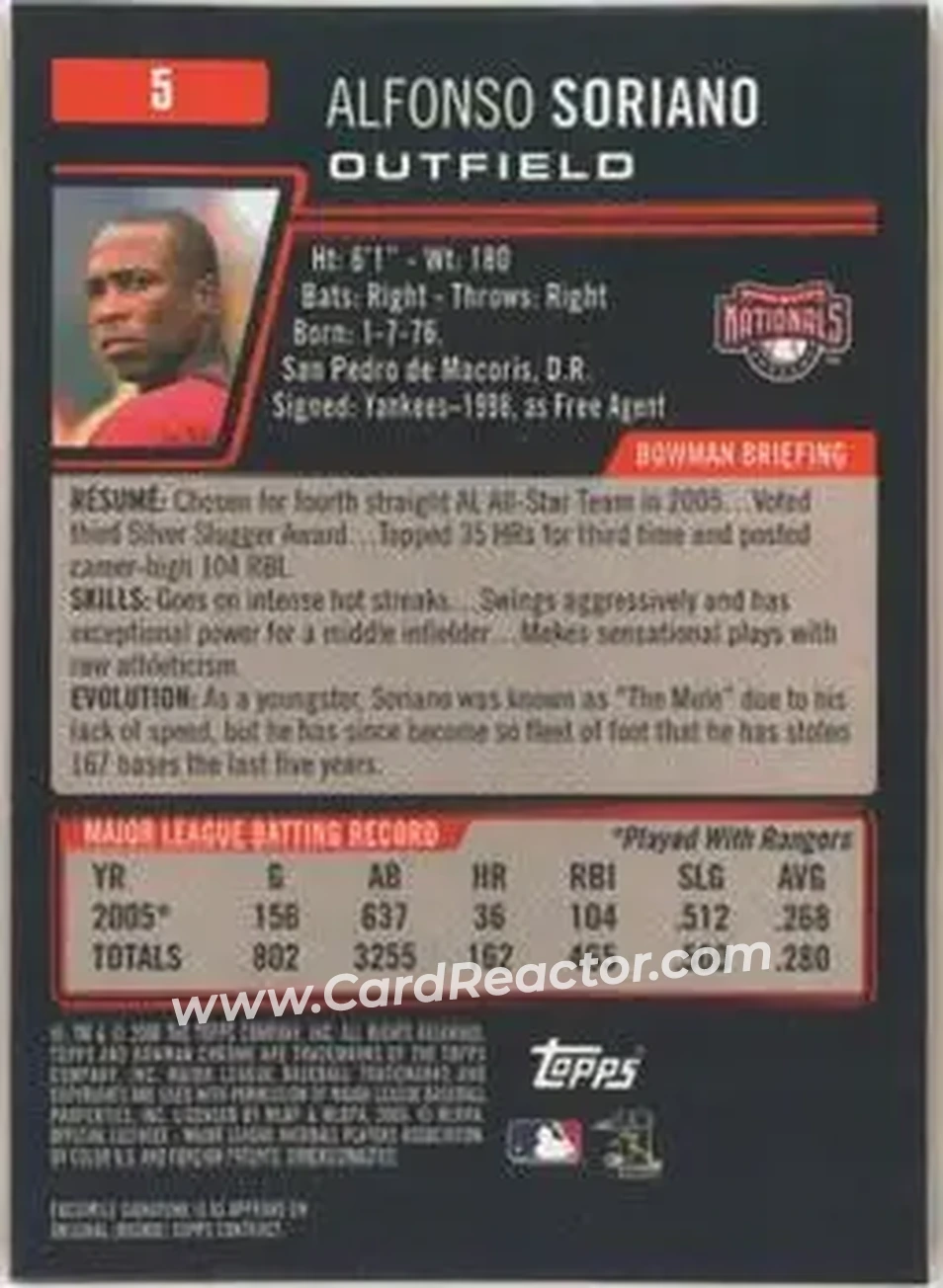 2006 Bowman Chrome #5 - Alfonso Soriano - Washington Nationals - Back