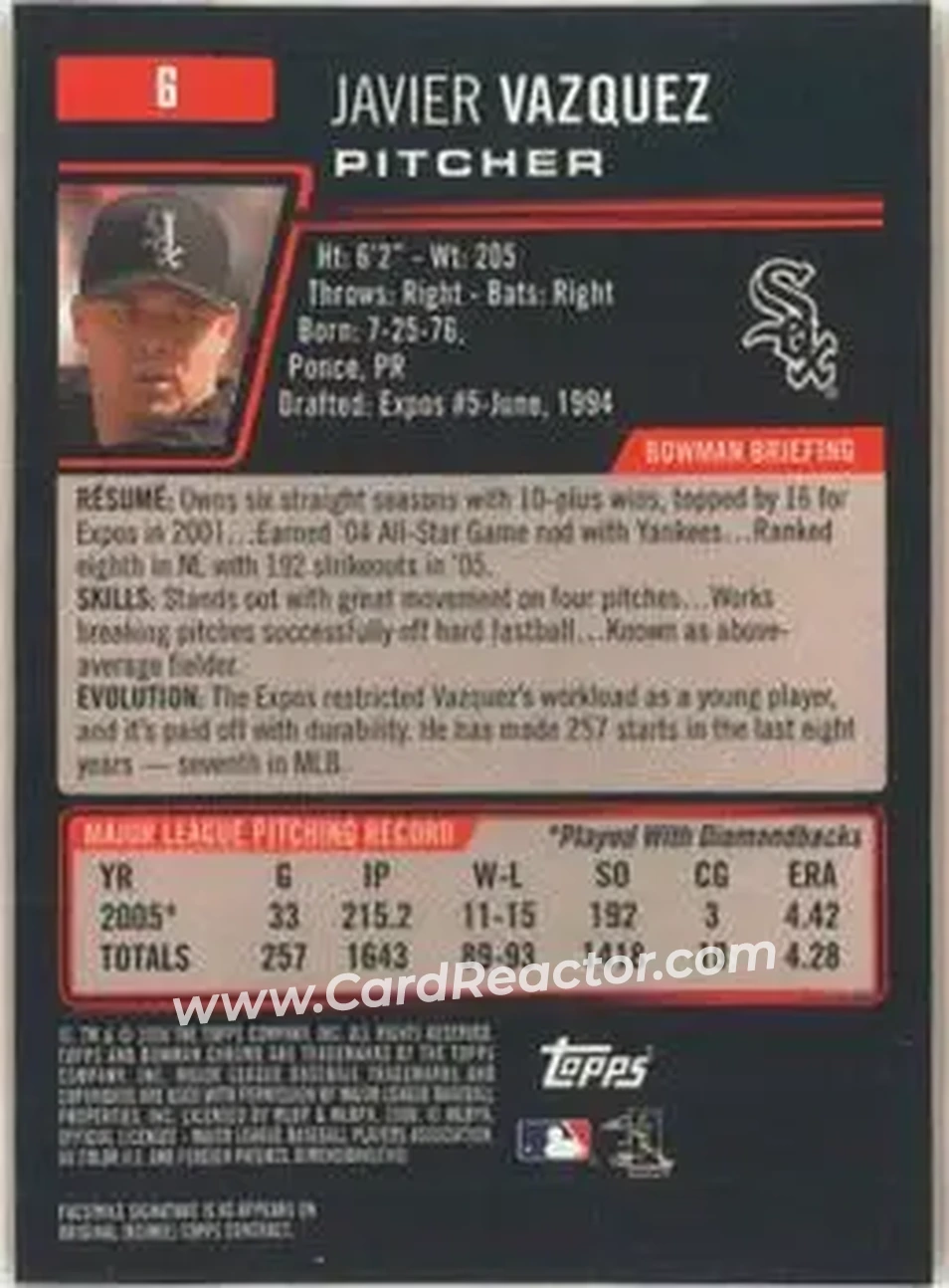2006 Bowman Chrome #6 - Javier Vazquez - Chicago White Sox - Back