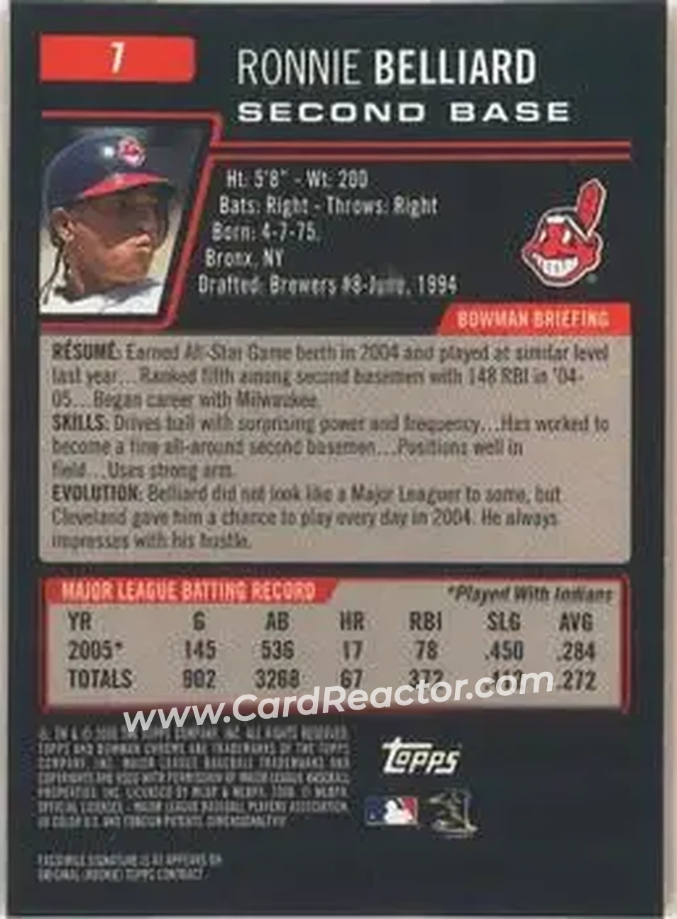2006 Bowman Chrome #7 - Ronnie Belliard - Cleveland Indians - Back