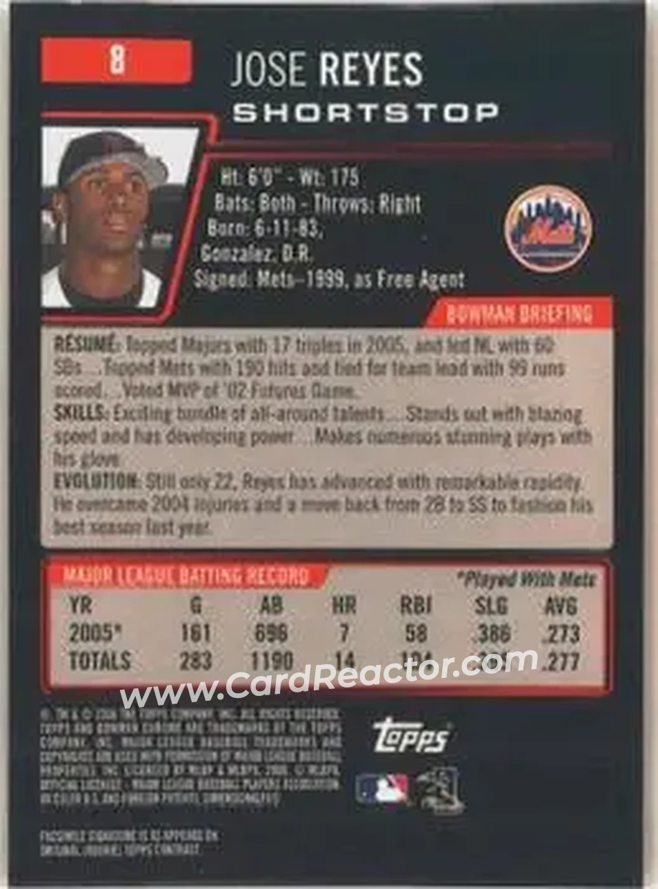2006 Bowman Chrome #8 - Jose Reyes - New York Mets - Back