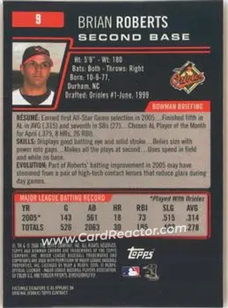 2006 Bowman Chrome #9 - Brian Roberts - Baltimore Orioles - Back