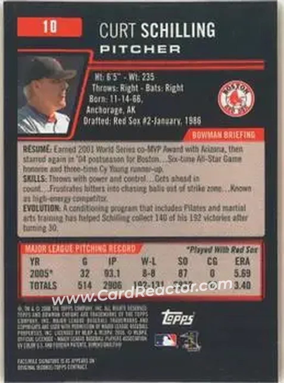 2006 Bowman Chrome #10 - Curt Schilling - Boston Red Sox - Back