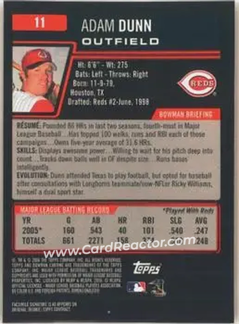 2006 Bowman Chrome #11 - Adam Dunn - Cincinnati Reds - Back