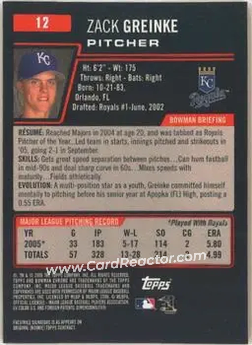 2006 Bowman Chrome #12 - Zack Greinke - Kansas City Royals - Back