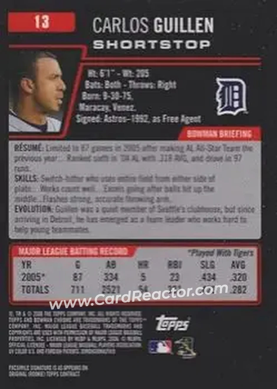 2006 Bowman Chrome #13 - Carlos Guillen - Detroit Tigers - Back