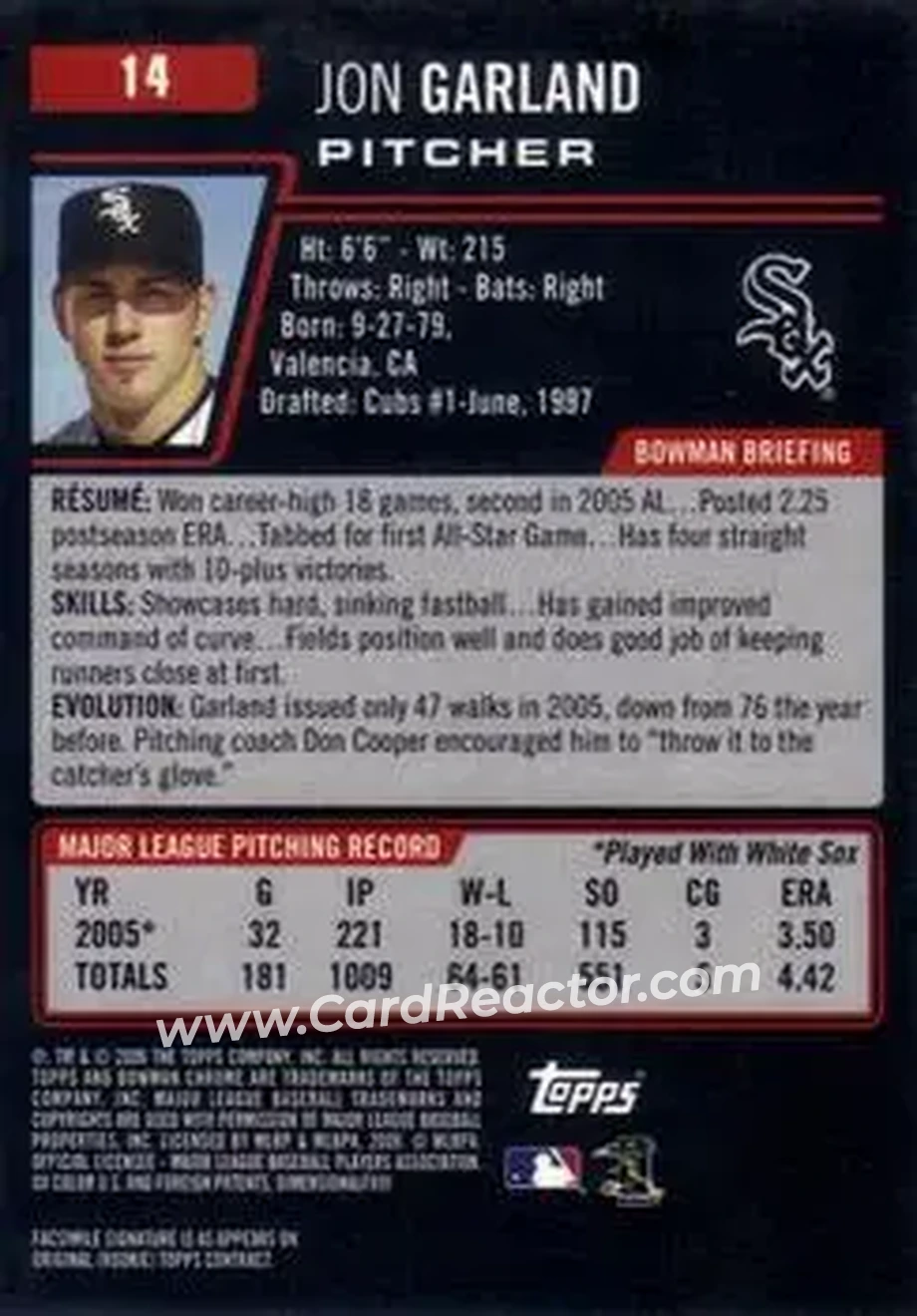 2006 Bowman Chrome #14 - Jon Garland - Chicago White Sox - Back