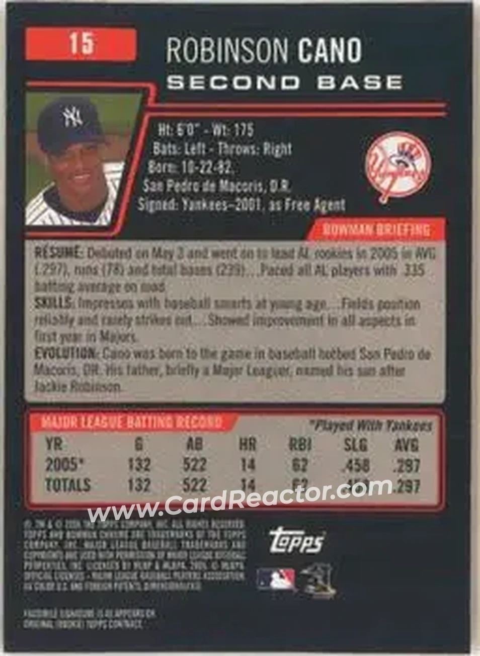 2006 Bowman Chrome #15 - Robinson Cano - New York Yankees - Back