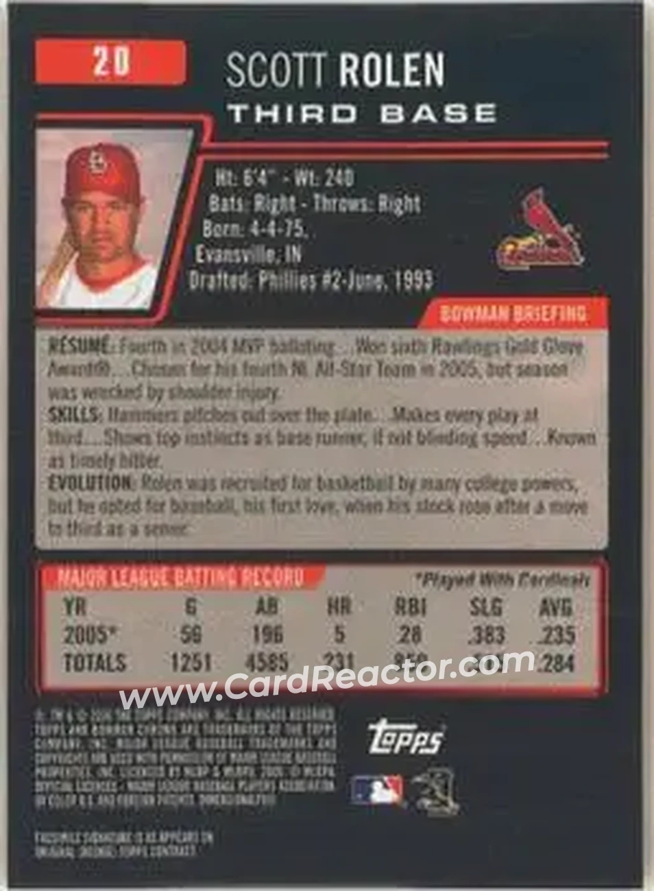 2006 Bowman Chrome #20 - Scott Rolen - St. Louis Cardinals - Back