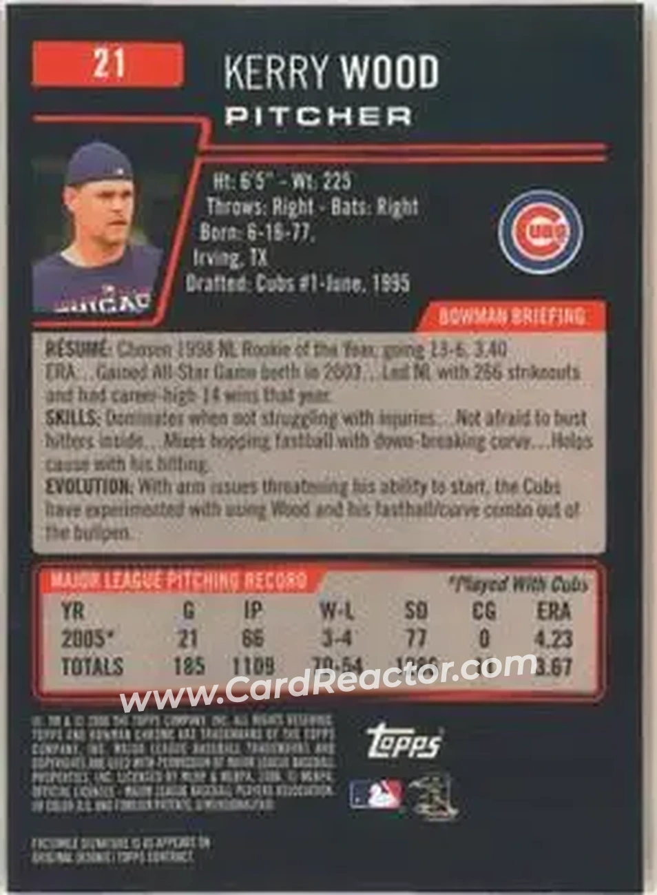 2006 Bowman Chrome #21 - Kerry Wood - Chicago Cubs - Back