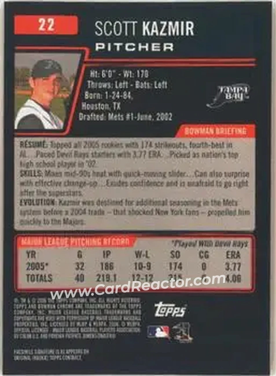 2006 Bowman Chrome #22 - Scott Kazmir - Tampa Bay Devil Rays - Back