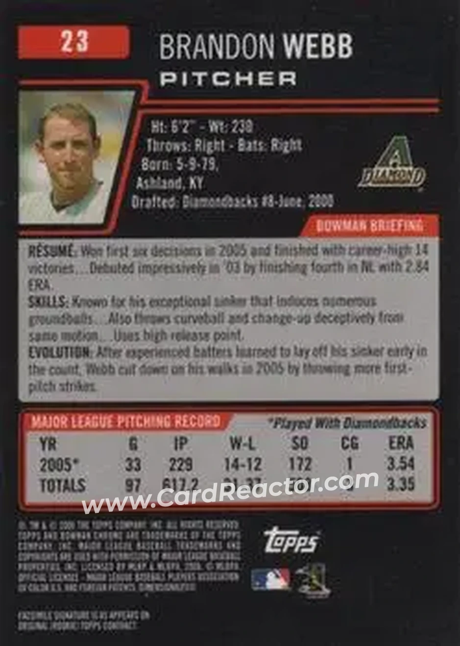 2006 Bowman Chrome #23 - Brandon Webb - Arizona Diamondbacks - Back